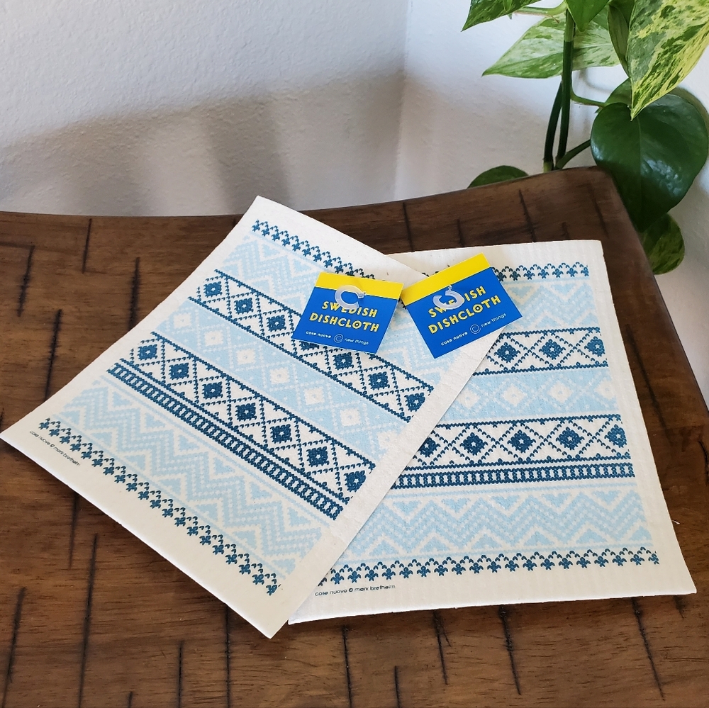 Swedish Dishcloth Set 2 Nordic Blue White Fair Isle Sponge Cloth NWT